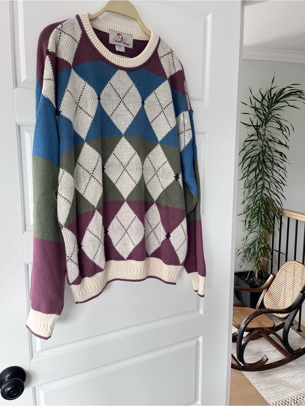 Vintage Argyle Crewneck Sweater in Cream, Purple, Blue & Green